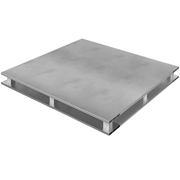 A Vestil aluminum pallet with a solid metal top.