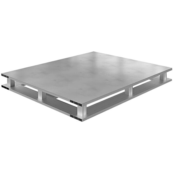 A grey metal Vestil aluminum pallet with a solid top.