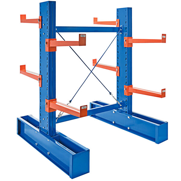 A blue and orange metal Vestil cantilever rack with two shelves.