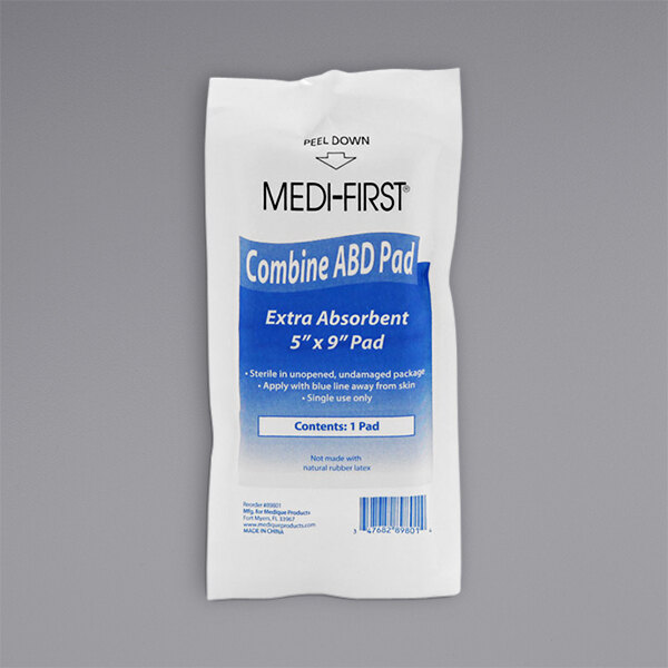 A white package of Medique Medi-First ABD Pads with blue and white label.