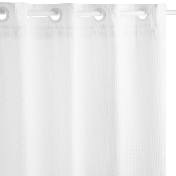 A white Hookless shower curtain with rings on a rod.