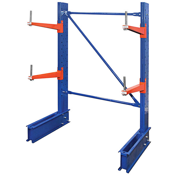 A blue and orange metal Vestil cantilever rack with 24" arms.