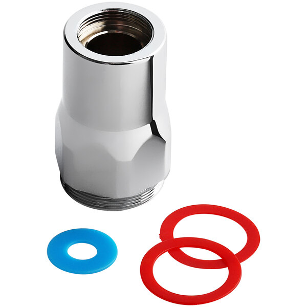 A silver metal Rubbermaid AutoFlush adapter kit with red, blue, and rubber parts.