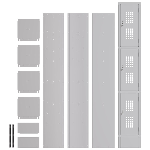 A grey Regency locker with 3 rectangular doors, each with square windows.
