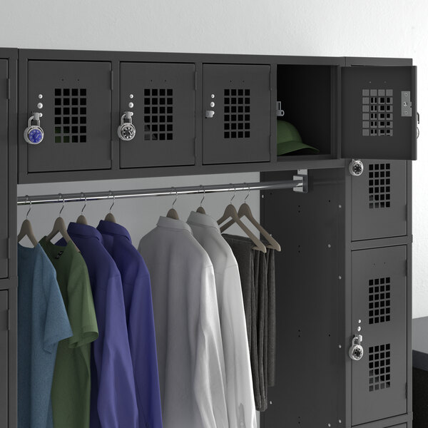 A group of Regency Space Solutions black wall mount lockers with shirts hanging inside.