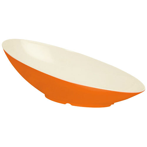 An orange and white GET Keywest melamine bowl.