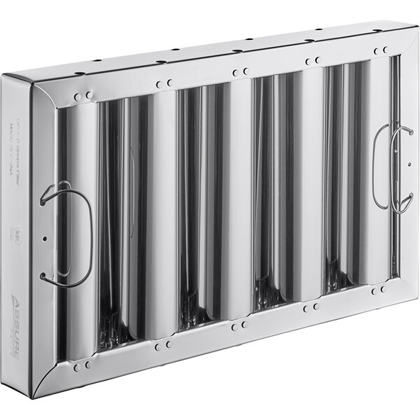 A silver rectangular stainless steel hood filter with metal bars.