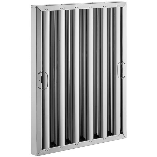 A stainless steel hood filter panel with vertical lines.