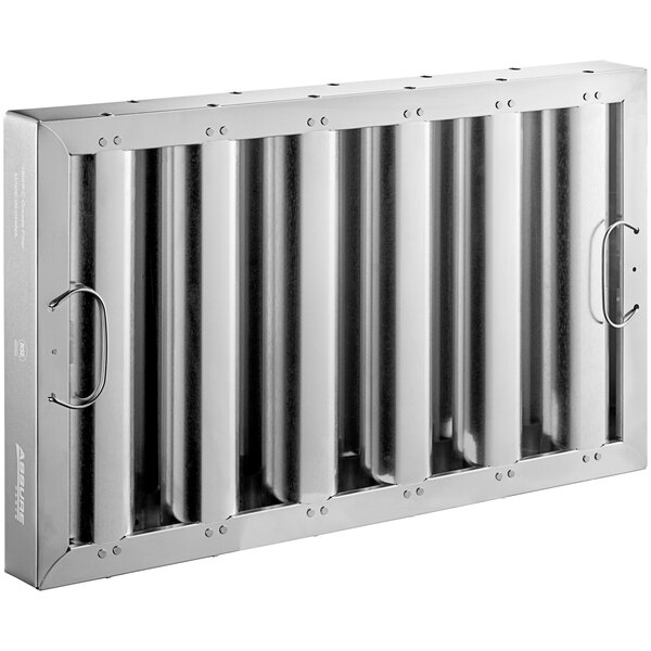 A silver rectangular aluminum hood filter with metal bars.