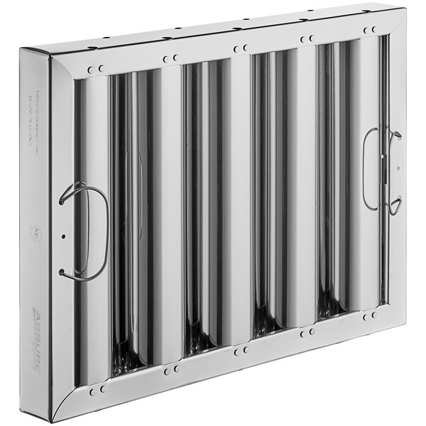 A 12" x 16" rectangular stainless steel hood filter with metal bars.