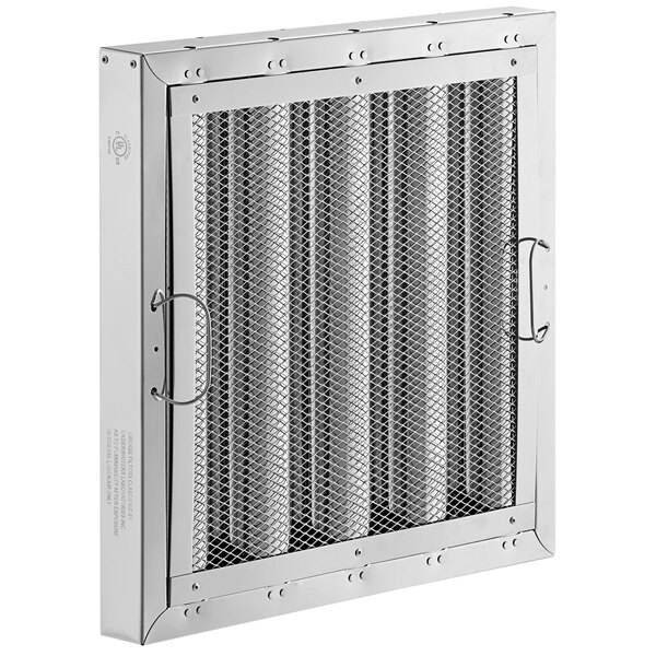 A stainless steel filter with a metal frame and mesh.