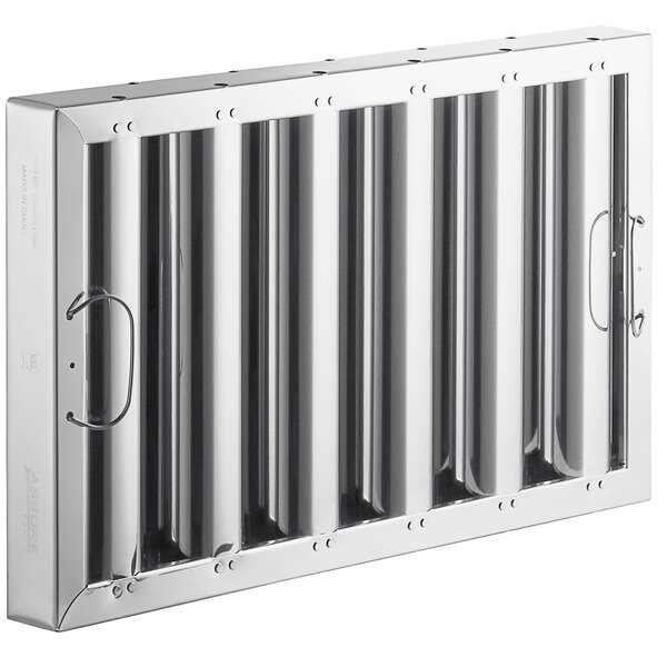 A stainless steel rectangular hood filter with rows of holes.