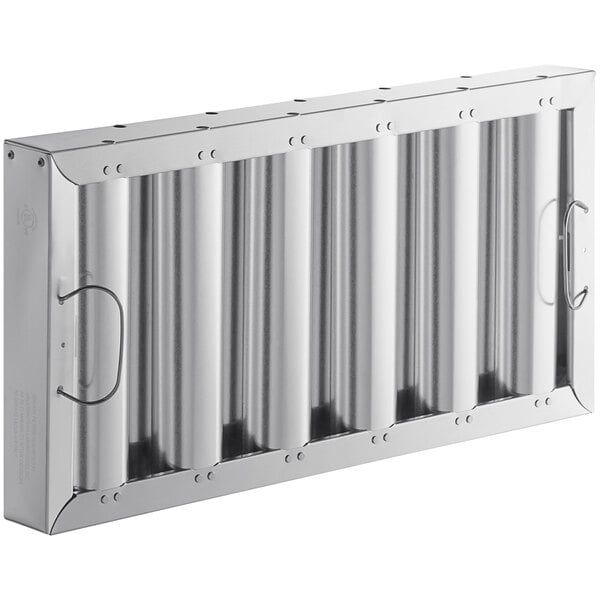 A silver rectangular aluminum hood filter with metal tubes.
