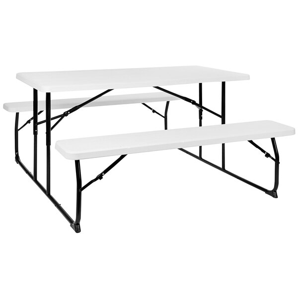 A Flash Furniture white wood grain plastic picnic table with 2 benches.