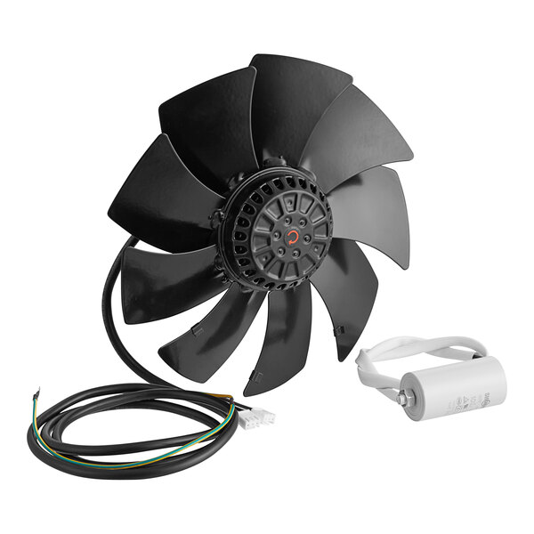 An Avantco black evaporator fan with wires and a cable.