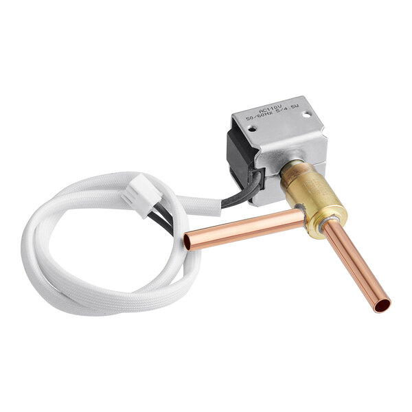 An Avantco solenoid valve for water with a white and copper device.