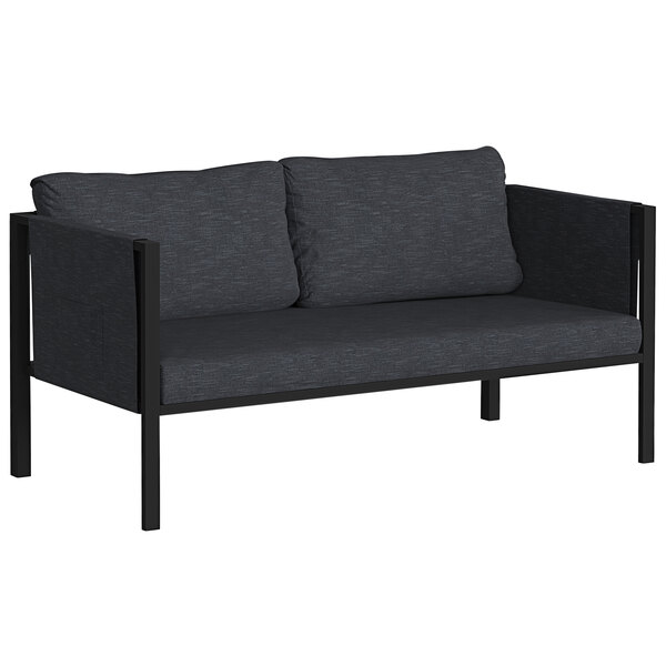A charcoal Flash Furniture loveseat with gray cushion and storage pockets.