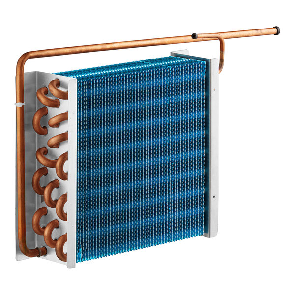 An Avantco evaporator coil with copper pipes and a blue and white cover.