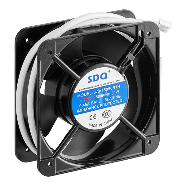 An Avantco evaporator fan with a black and white cable and blue label.