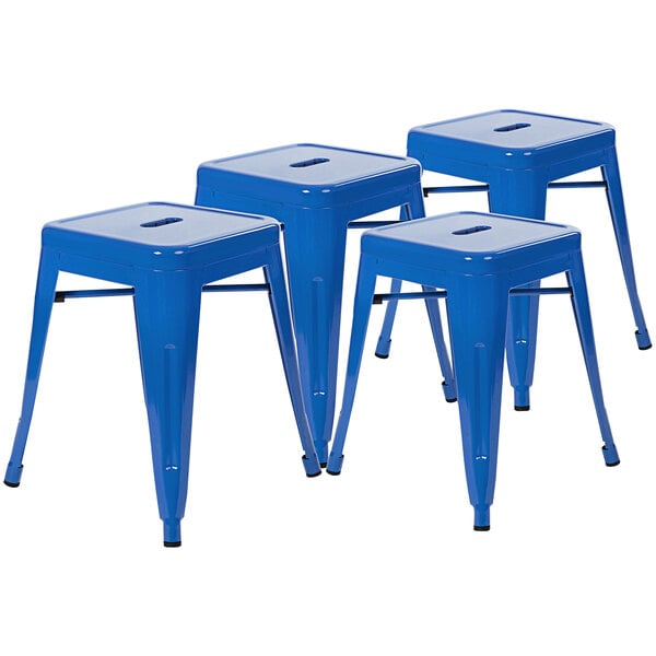 Three Flash Furniture blue metal backless stools with square seats and legs.