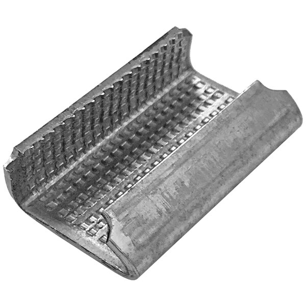 A metal Lavex serrated symmetrical seal for strapping bands with holes in it.