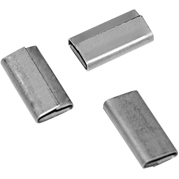 Several Lavex metal push-on closed seals for steel strapping on a white background.