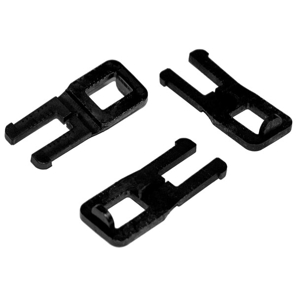 A group of black Lavex plastic buckles with holes on them.
