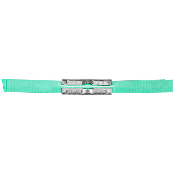 A green polyester strapping with double silver serrated seals.