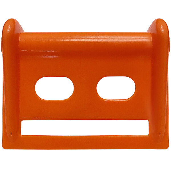 An orange plastic Lavex edge protector with two holes.