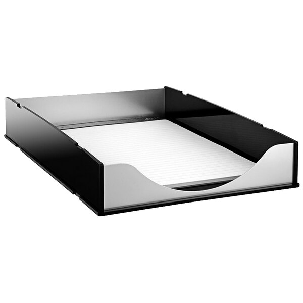 A black and silver Kantek letter tray on a table with white paper.