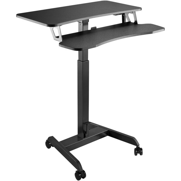 A black Kantek sit to stand desk with wheels.