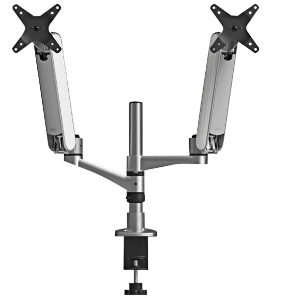 A pair of Kantek multi-directional dual monitor arms holding two computer monitors.