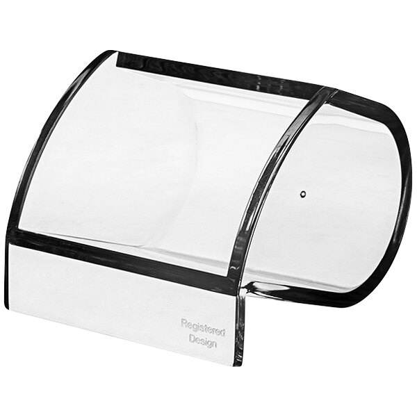 A clear plastic paper clip holder with black trim.