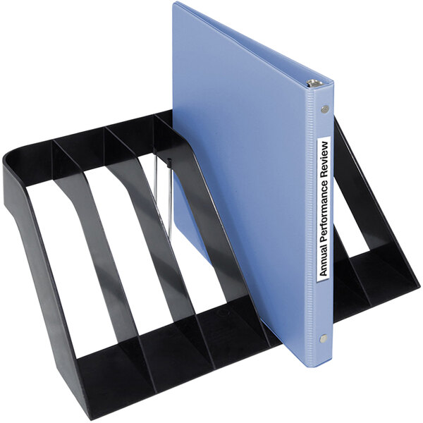 A blue binder in a black plastic sorter with 6 sections.