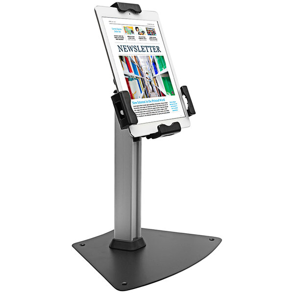A Kantek tablet kiosk stand with a tablet on it.
