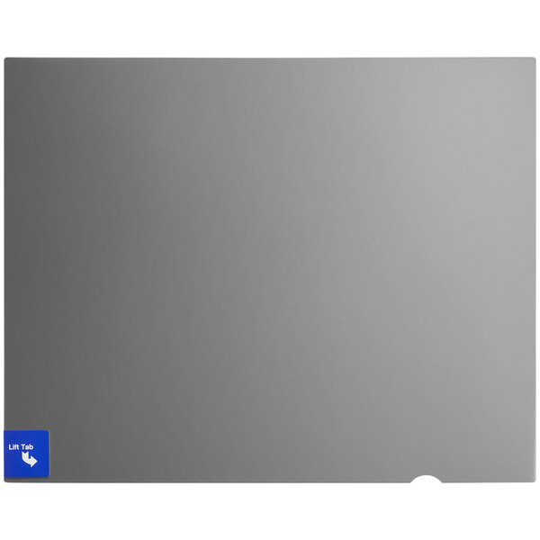 A grey rectangular Kantek privacy filter with a blue sticker.