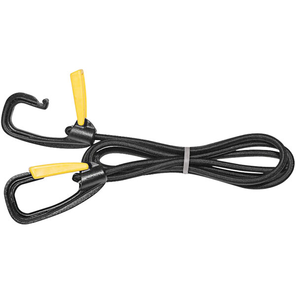A Kantek bungee cord with black and yellow safety locking clasp.
