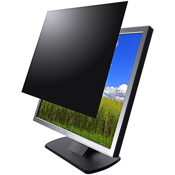 A Kantek widescreen LCD monitor with a black privacy filter on the screen.