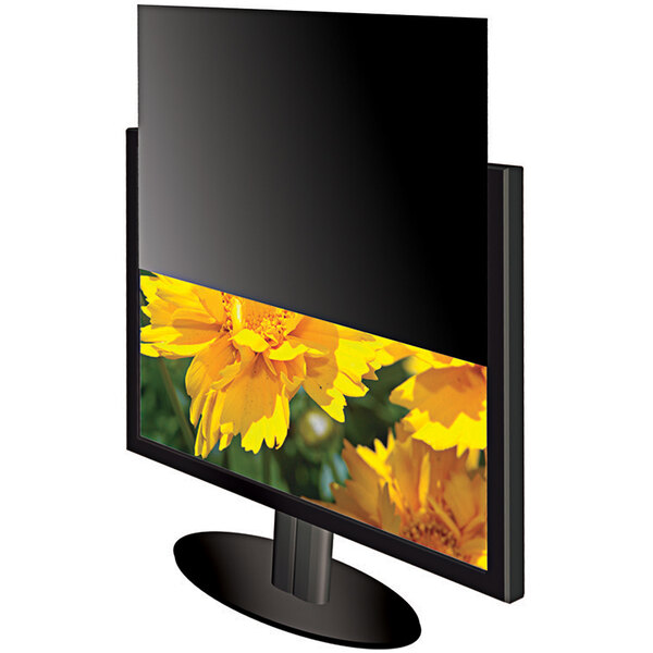 A black computer monitor screen with a Kantek LCD privacy filter displaying yellow flowers.