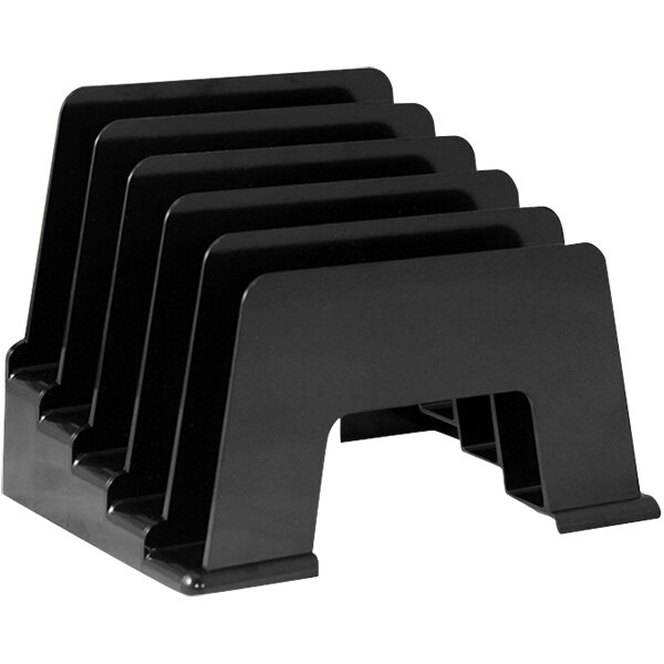 A black plastic Kantek 5-compartment sorter with several rows of papers.