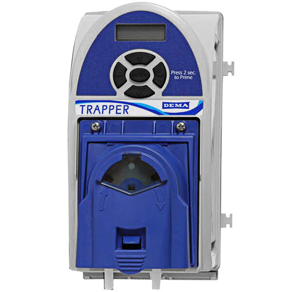 A close-up of a Dema Trapper odor control dispenser with a round window.