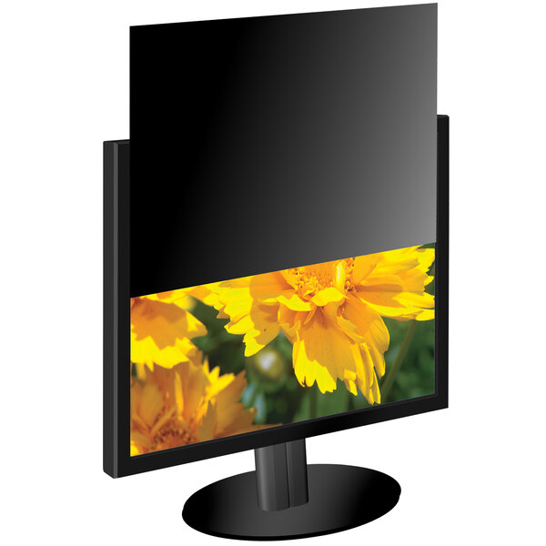 A black Kantek LCD monitor privacy filter with a yellow flower pattern.
