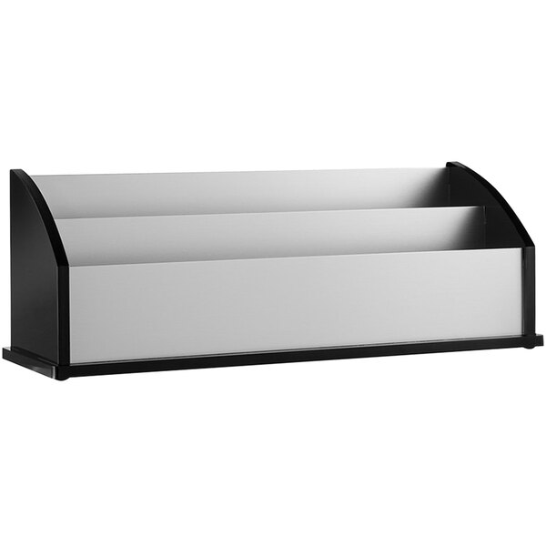 A black acrylic and aluminum letter sorter with three shelves.