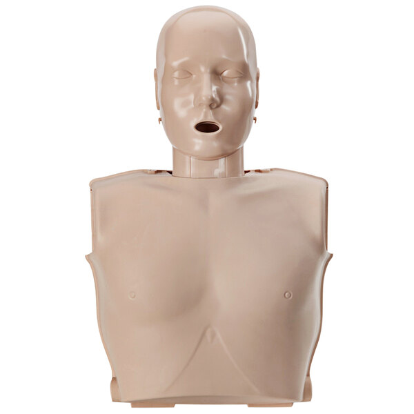 The upper body of a white plastic Prestan Ultralite Adult CPR Manikin with an open mouth.