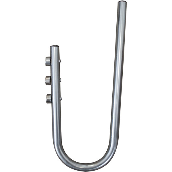 A metal pole with a U-shaped metal hook and three screws.