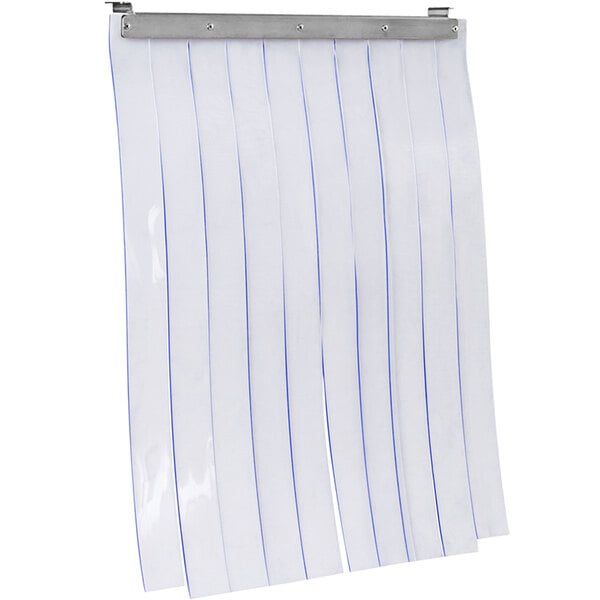 A white plastic strip curtain with blue stripes.