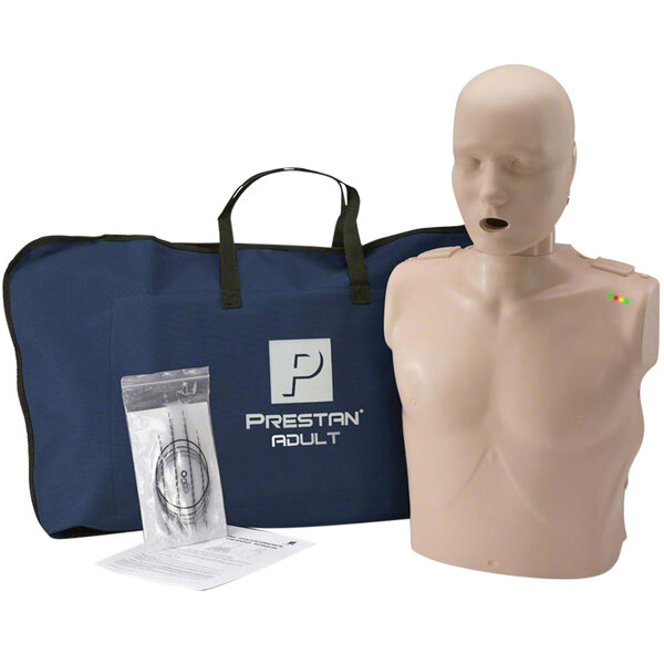 A Prestan adult CPR manikin with a clear plastic bag and a package.