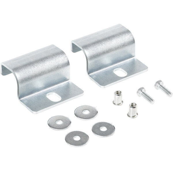 A pair of metal brackets with screws and nuts.