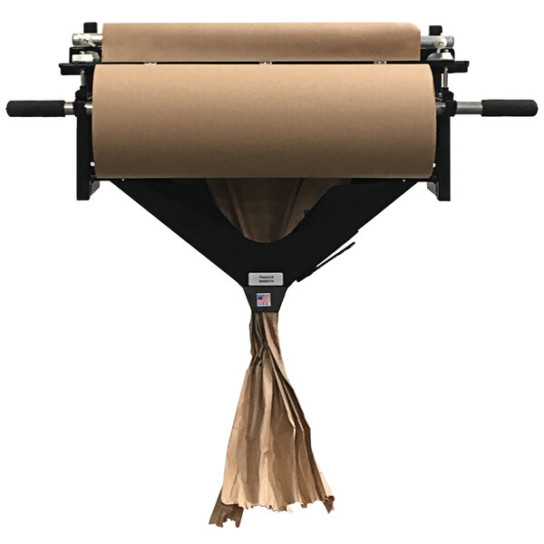 A Lavex Kraft paper roll on a dispenser with a brown paper bag attached.