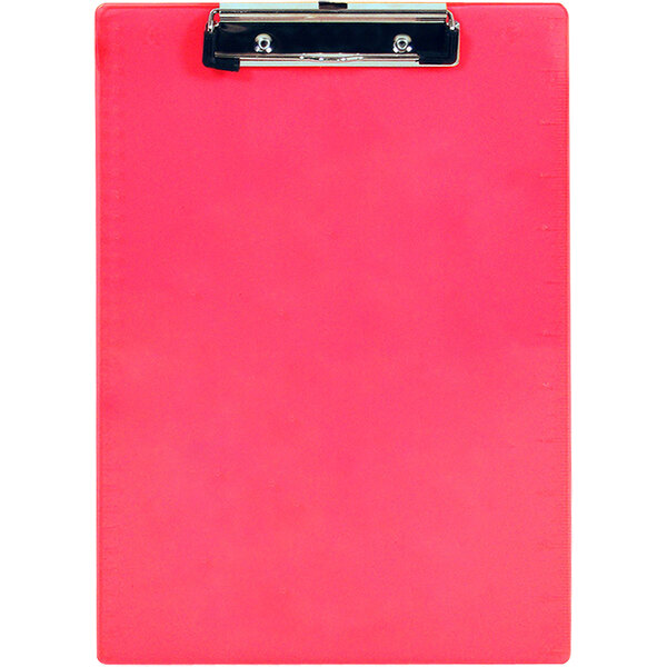 A neon pink Saunders plastic clipboard with a black clip.